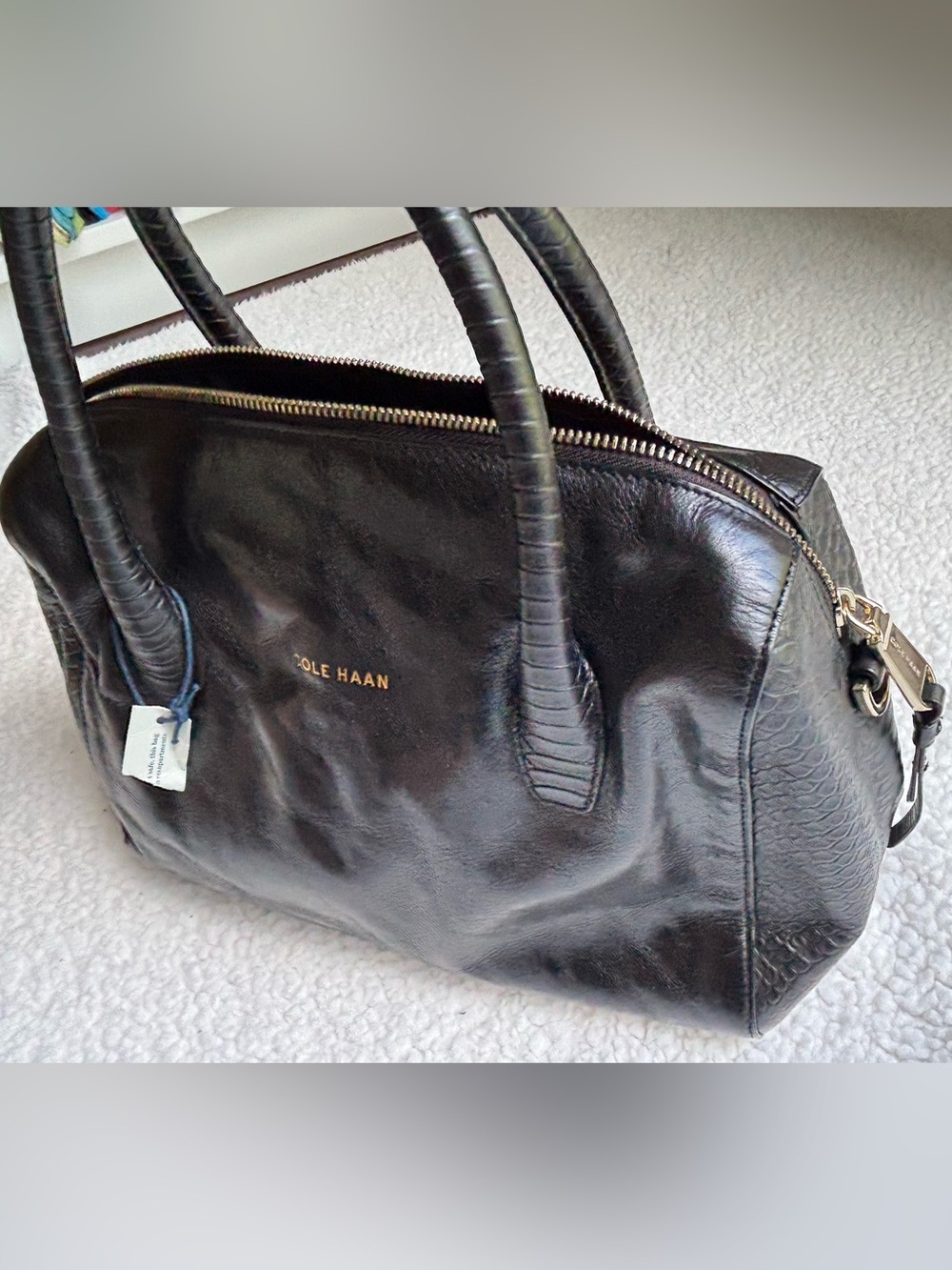 NWT Cole Haan Black Genuine Leather Dome Satchel with Gold Logo
